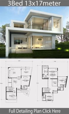 three story house plan with 3 beds and 1 bathrooms in the front, two levels on each