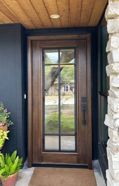 the front door to a home with potted plants on the side and glass doors