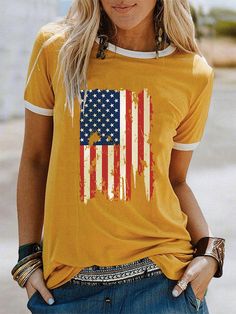 Fashion Women's Casual Print Short Sleeve T-Shirt Summer Flag Print T-shirt With Relaxed Fit, Summer Flag Print Short Sleeve Tops, American Flag Print Graphic Tee For Spring, Summer Flag Print Crew Neck T-shirt, Spring Shirt With Flag Print And Short Sleeves, Spring Short Sleeve Shirt With Flag Print, Trendy Crew Neck Top With Flag Print, American Flag Print T-shirt For Spring, American Flag Print Crew Neck Top For Spring