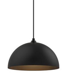 a black and gold pendant light hanging from a ceiling fixture on a white background,