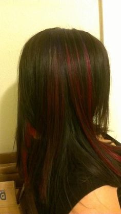 Black Hair With Red Stripes, Black And Red Skunk Stripe Hair, Red Black Hair, Red Hair With Highlights