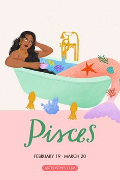 a woman sitting in a bathtub with the words piscs on it