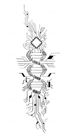 a computer circuit board with many lines and dots on the bottom layer, as well as an arrow