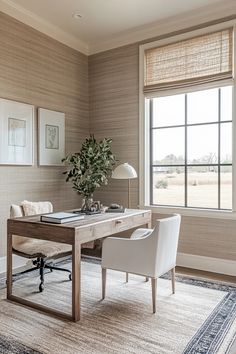 a desk with two chairs and a lamp in front of a window that has a rug on the floor