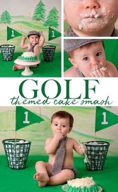 a collage of photos shows a baby with cake on his face and the words golf next to it