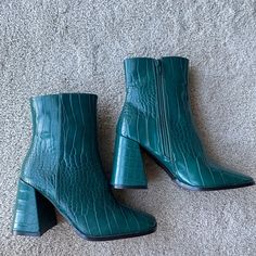 Green Ankle/Mid Calf Boots- Crocodile Print. Brand New, Never Worn. Size 37. Fits A 6/6.5 Casual Green Boots With Block Heel, Trendy Green Square Toe Boots, Trendy Green High Ankle Heeled Boots, Chic Green Ankle Heeled Boots, Green Ankle Heeled Boots With Reinforced Heel, Green Ankle-high Heeled Boots For Party, Green Faux Leather Ankle-high Boots, White Gogo Boots, Silver Socks