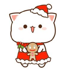 a white cat wearing a santa hat and holding a gingerbread in its paws with a christmas decoration on it's chest