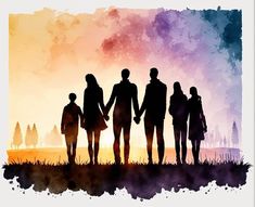 the silhouettes of four people holding hands in front of an orange and purple sky