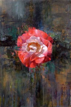 an abstract painting of a pink rose in water