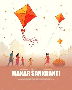 people are flying kites in the sky with words on it that read happy makar sank