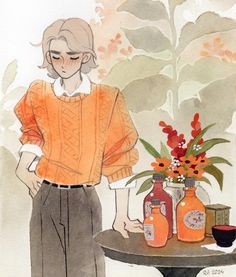 a drawing of a woman standing next to a table with jars and flowers on it