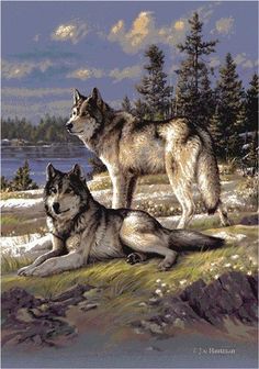 two wolfs are sitting on the ground in front of some water and trees,