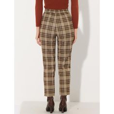 Retro and classic, this pant style with softly plaid fabric and an elastic waist. Plaid Pattern, is stylish and can be paired with blouses, sweaters, jackets, blazers, and overcoats. Perfectly pair with tops and casual shoes for a vintage and fashionable look. A classic plaid motif adds timeless sophistication to long pants with an easy design. Suitable for Casual, Street, Dating, Party, Weekend Gatherings, Holidays, and Daily Wear. Beige Pants With Elastic Waistband For Fall, Plaid Pants For Business Casual, Plaid Tapered Leg Bottoms For Fall, Tapered Leg Plaid Bottoms For Fall, Brown Pull-on Bottoms For Fall, Plaid Pants With Elastic Waistband For Work, Casual Plaid Bottoms For Workwear, Plaid Casual Pants For Business Casual, Brown Pull-on Style Bottoms For Fall