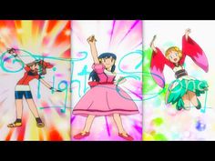 three anime characters with different outfits and colors on the same background, one is holding up her arms