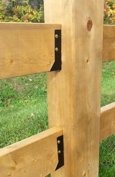 a wooden fence with two black latches on it's sides and grass in the background