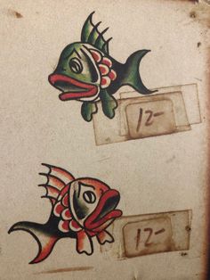 two drawings of fish with numbers on them