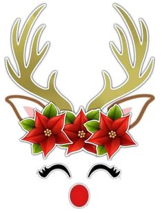 a reindeer face with red flowers on it's antlers and green leaves in the nose