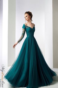 Teal Princess Dress, Teal Ball Gown, Turquoise Prom Dresses, Teal Gown, Ball Gowns Fantasy, Off Shoulder Tulle, Couture Looks, Long Sleeve Cocktail Dress, Teal Dress