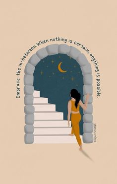 a woman is walking up some stairs with the moon in the sky above her head