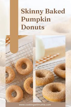 there are four different types of baked pumpkin donuts on the rack and in front of them