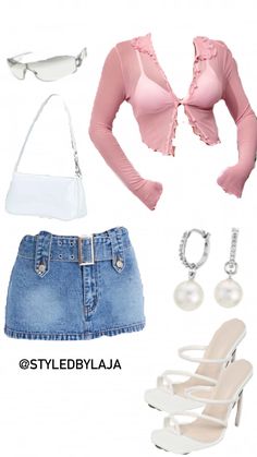 Bratz Inspired Fits, Outfit Ideas White Background Y2k, White Heels Outfit Summer, Pink Heels Outfit Ideas, Pink And Denim Outfit, Looks 2000s, Pink Purse Outfit, Denim Skirt Outfit Ideas