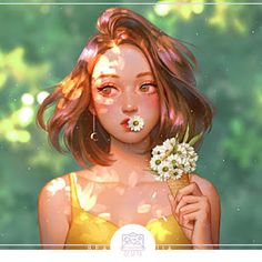 a digital painting of a woman with flowers in her hair holding an ice cream cone