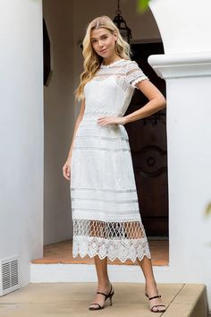 Off-white crochet midi dress featuring: High neck Short sleeves Back zipper Separate inner lining dress Elegant Midi Dress, Crochet Midi Dress, Crochet Midi, Elegant Midi Dresses, Lace Midi, Lace Midi Dress, Feminine Look, White Crochet, Beautiful Crochet