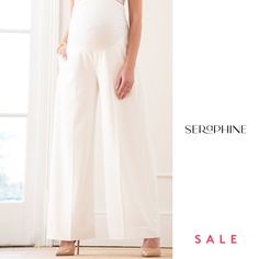 Featuring a strong and elegant silhouette, Seraphine's wide-leg over bump trousers in an ivory colourway offer an ideal option for the bride who's looking for something a little different on her wedding day. Baby Wearing Coat, Maternity Dress Outfits, Occasion Dresses Wedding, Skin To Skin, Baby Shower Dresses, Shower Dresses, Nursing Tops, Looking For Something, Nursing Clothes