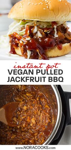 two pictures with the words instant pot vegan pulled jackfruit bbq in it