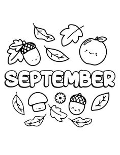 the word november is written in black and white with autumn leaves, acorns, apples