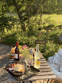 a picnic table with wine, cheese and bread on it