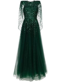 forest green sequin embellishment sheer overlay cape design round neck fitted waistline full skirt floor-length Sheer Dress Outfit, Sheer Dresses Outfit, Gown Green, Cape Gown, Dinner Dress Classy, Muslim Fashion Dress, Bridal Dress Design, Evening Dress Fashion, Sheer Overlay