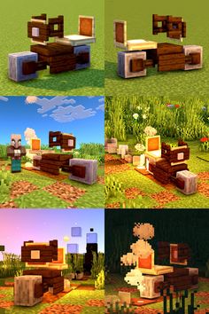 several different types of minecraft furniture are shown in multiple pictures, including a bed and desk