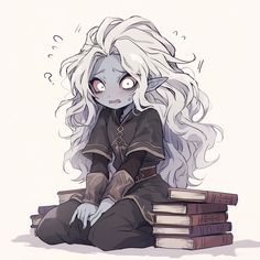 an anime character sitting on top of a pile of books with her eyes wide open