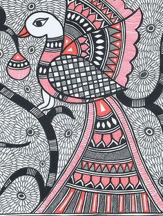 an intricately designed painting with birds and flowers in pink, black and white colors