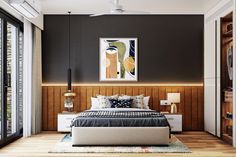 a modern bedroom with wood paneling and black walls