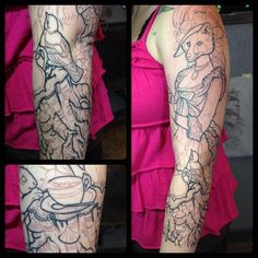 four images show different stages of tattoos being done on the arm and shoulder, including an image of a woman holding a coffee cup in her hand