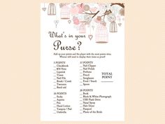 a printable wedding game with birds in cages and flowers on the tree branch, which says what's in your purse?