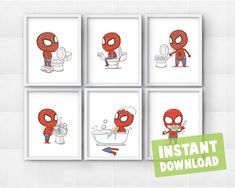 spiderman bathroom art printables set of 4 prints - instant digital clipart