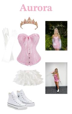 a pink corset and white shoes with the words aurora on it