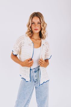 Stay stylish with our On The Boardwalk Top! This crochet knit cardigan features a collar and a vibrant blue lining, perfect for adding a pop of color to any outfit. Comfortable, trendy, and versatile, this top is a must-have for any fashion lover! Details Crochet knit cardigan Collar Blue lining Sizing Approximate measurements: SIZE LENGTH BUST Small 25" 46" Medium 26" 50" Large 27" 52" Fabric has stretchModel is 5’10 wearing small Material 100% Polyester Hand wash coldLay flat to dry Nursing Friendly Tops, Nursing Friendly Dress, Outfit Comfortable, Plus Jumpsuit, Exclusive Dress, Maternity Shops, Basic Dress, Vibrant Blue, Plus Dresses