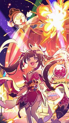 an anime character with long hair, wearing a dress and holding a sparkler in her hand