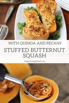 stuffed butternut squash with quinoa and pecans is an easy, healthy meal