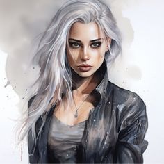 a painting of a woman with white hair and black leather jacket looking at the camera