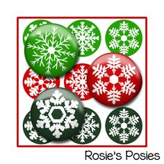 six snowflakes are shown in red, green and white with the words rosie's posies below them