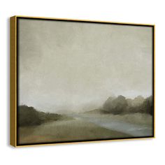 an abstract painting with watercolors and gold frame on the wall above it is a river