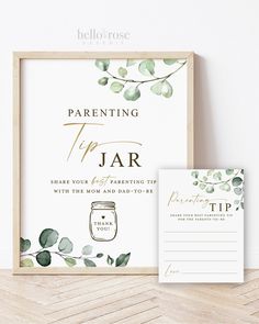 a white and green wedding card next to a wooden frame with the words, parents tip jar on it