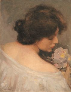 a painting of a woman holding a flower