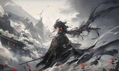 a woman with long black hair standing on top of a snow covered mountain next to red flowers