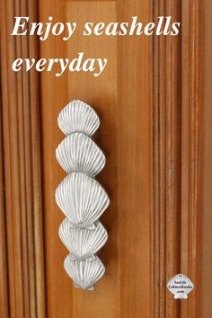 Multi seashell drawer pull installed on wood cabinet door. Kitchen Hardware Pulls, Beachy Kitchens, Pewter Hardware, Marine Artist, Zip Codes, Cabinet Door Handles, Shell Design, Kitchen Hardware, Cabinet Handle